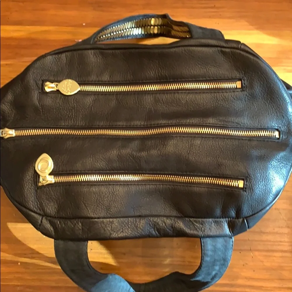 Black Leather Satchel with Gold Stud Detailing